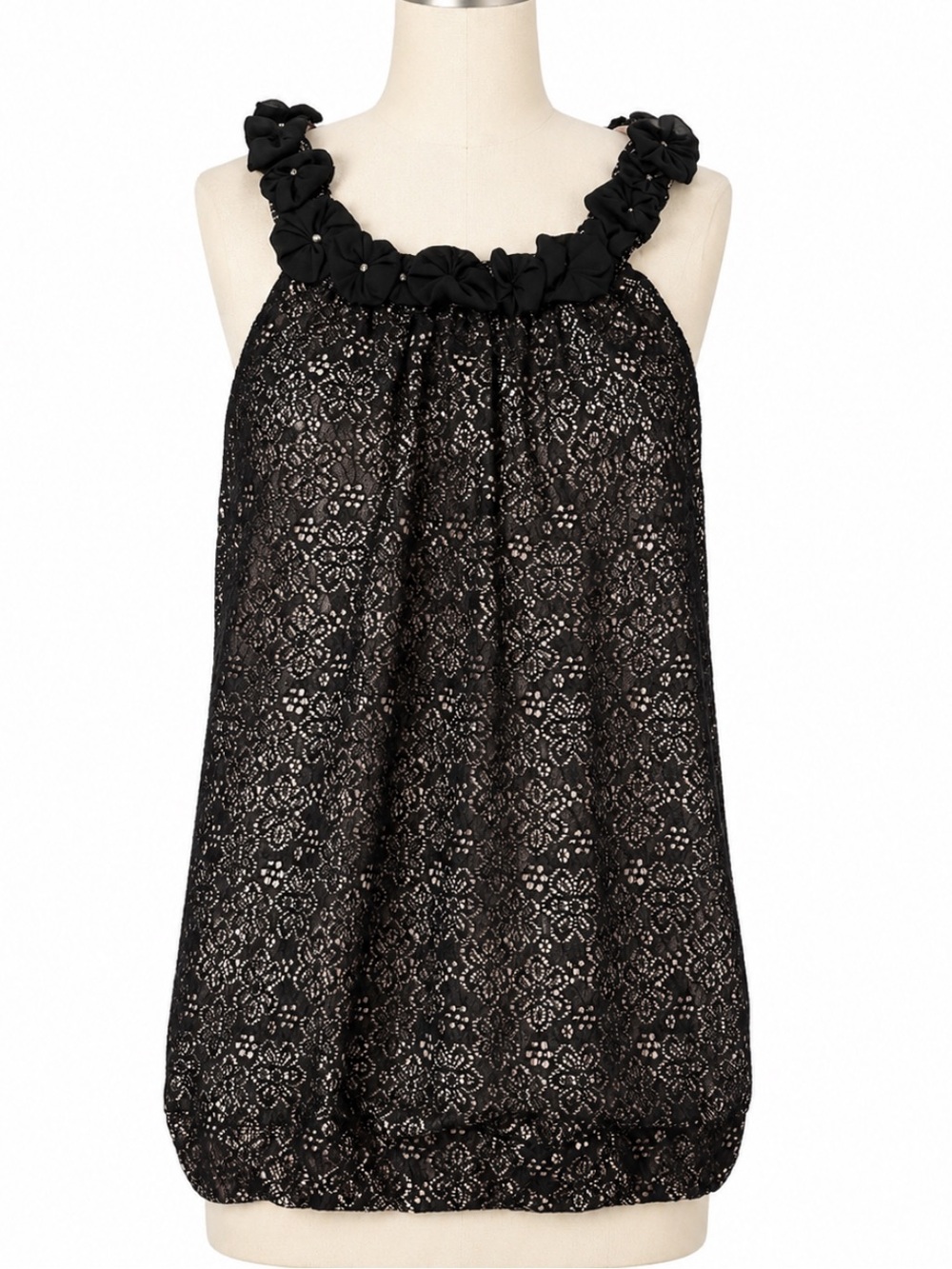 Black Lace Floral Halter Top with Rosette Neck